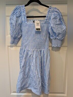 NEW! Everlily Blue & White Womens Smocked Juliet Sleeve Mini Dress Small NWT $79
